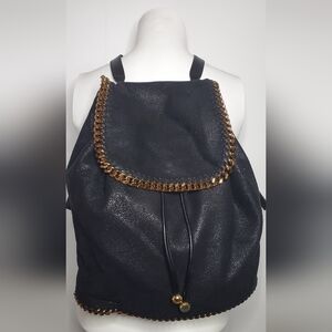 🔥🔥STELLA McCARTNEY-faux brushed-leather backpack-whipstiched gold chain trim.